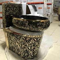 Bồn cầu khối đen hoa văn vàng siêu bóng